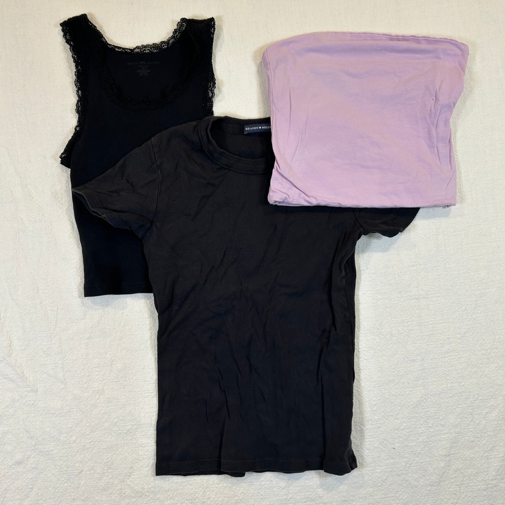 Lot of 3 Brandy Melville Shirts Black Lace Tank Tee Lavender Tube Top One Size
